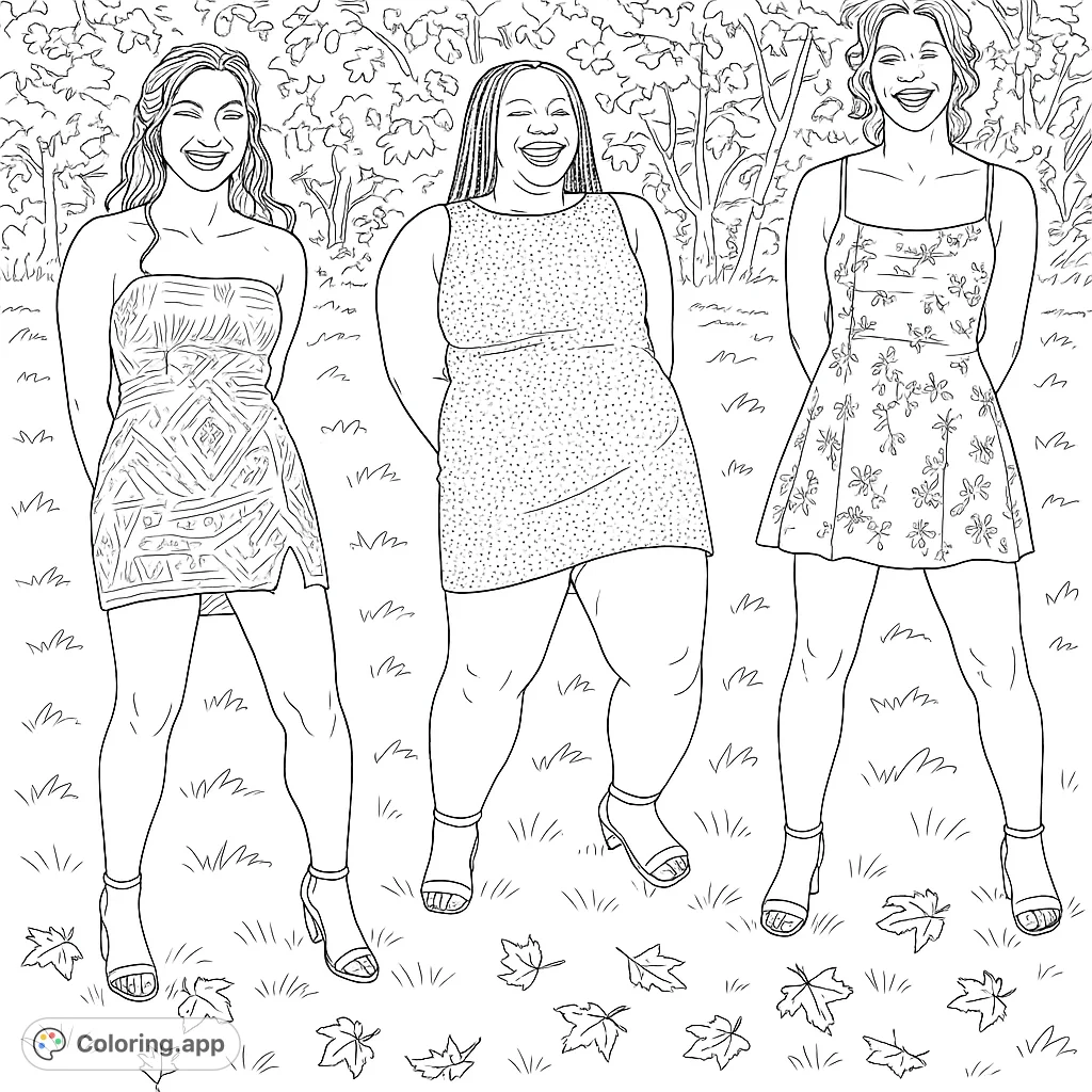 Three friends in festive dresses smile brightly, ready for celebration. A delightful, free printable friends coloring page, perfect for all ages.