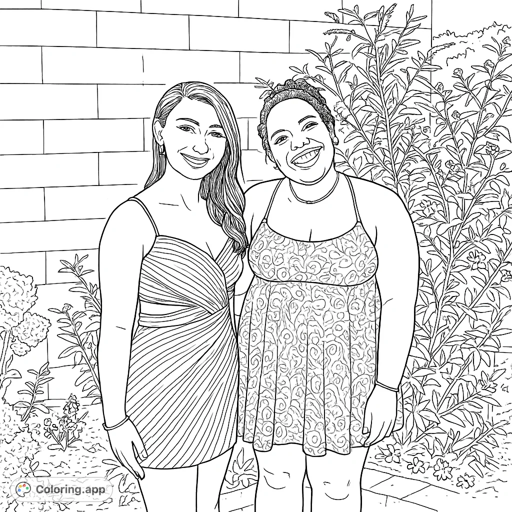 Two friends in elegant dresses, posing outdoors amidst textured foliage and a structured brick wall. A stylish portrait for coloring.