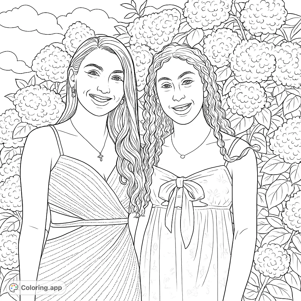 A charming formal attire coloring page featuring two smiling friends against a backdrop of voluminous flower clusters. Perfect for teens and fashion enthusiasts.