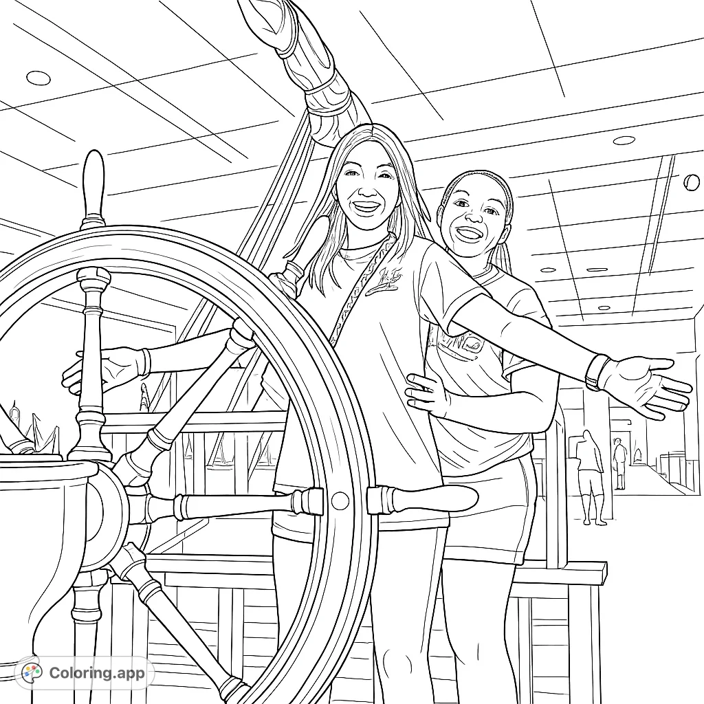 Embark on a creative voyage! Color two smiling friends at a grand ship's wheel, ready for adventure.
