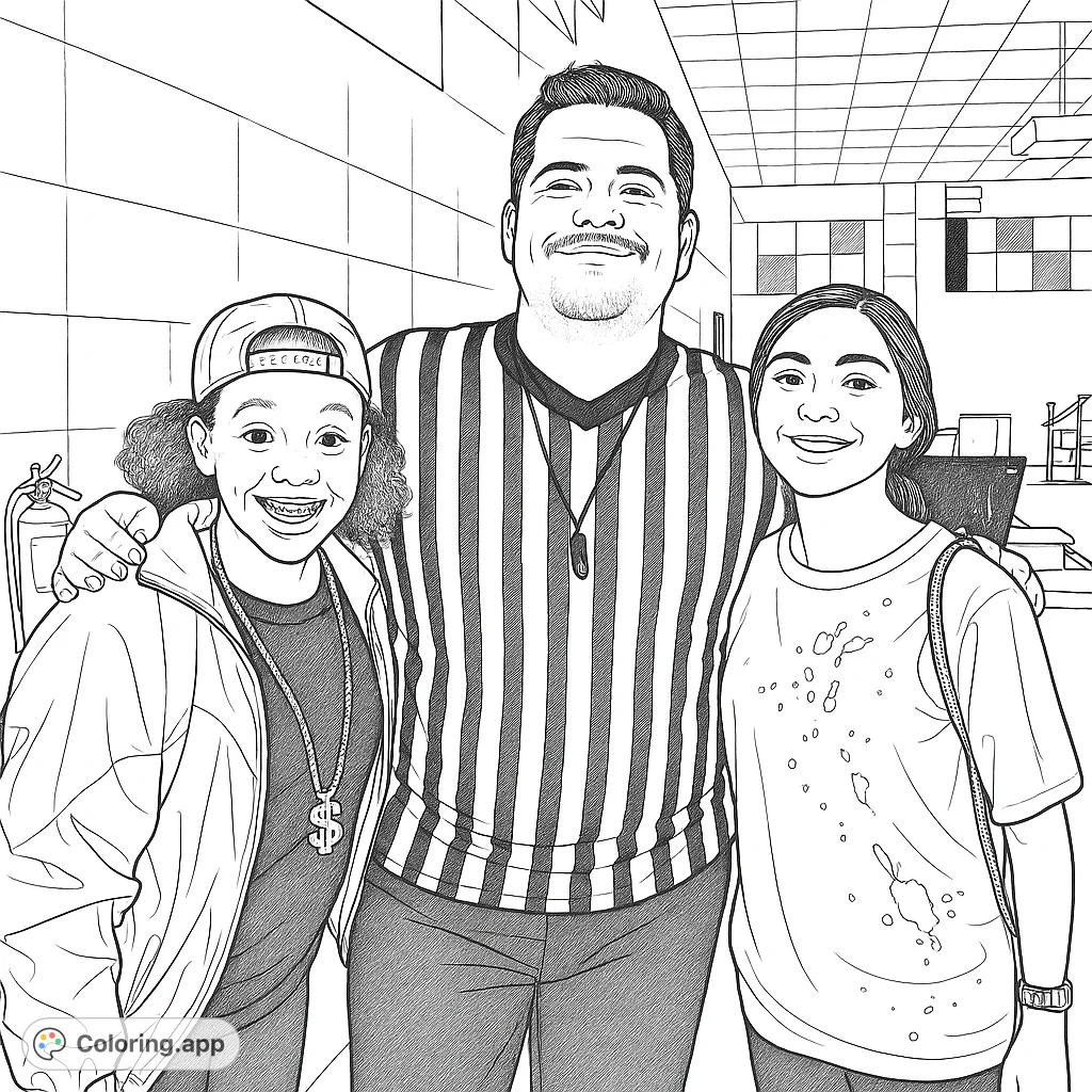 A fun group of three friends in festive costumes, including a referee, a hip-hop inspired character, and a splatter-themed outfit. Perfect for creative expression.