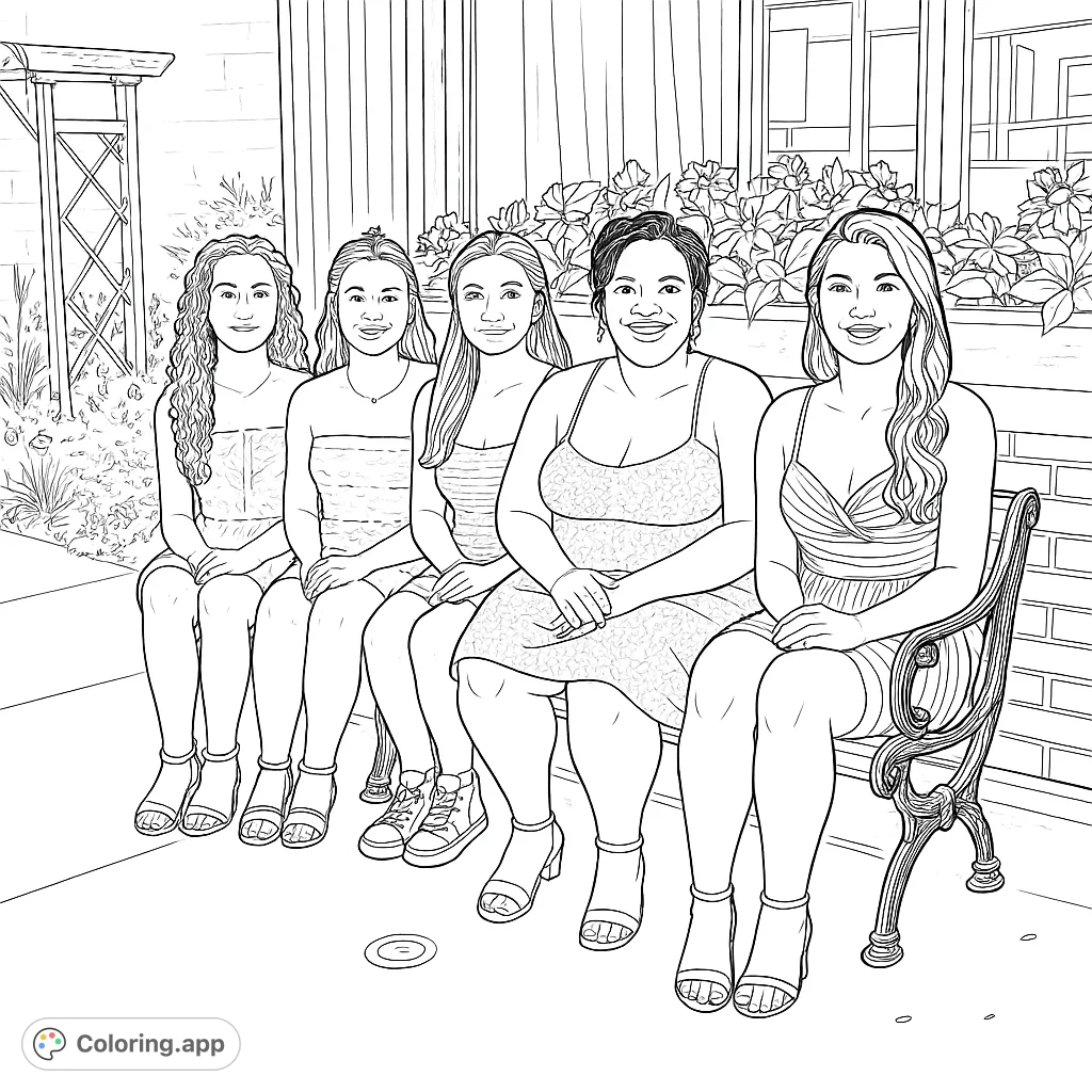 A lively scene with five young women in celebratory attire, seated on a decorative bench. Perfect for exploring fashion and friendship themes.