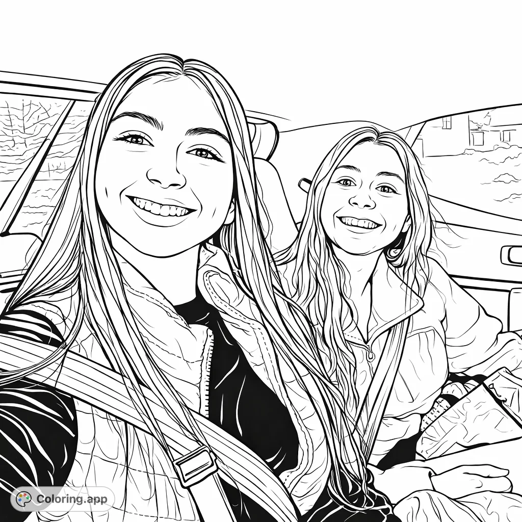 Capture the joy of a shared ride with this friends in car coloring page. Two smiling individuals ready for adventure, perfect for a personalized creation.