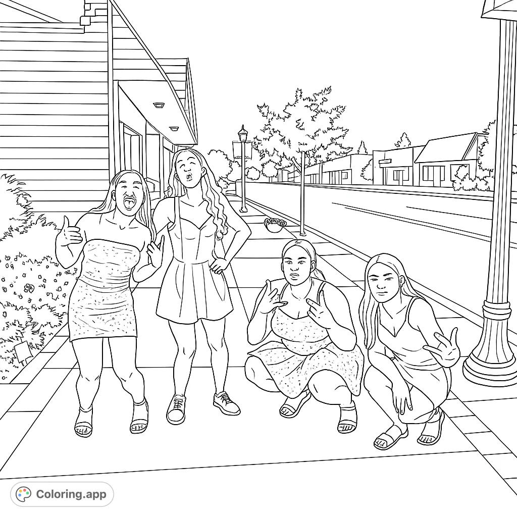 Capture the lively spirit of five friends striking fun poses on a bustling city sidewalk. Perfect for expressing individuality and vibrant urban scenes.