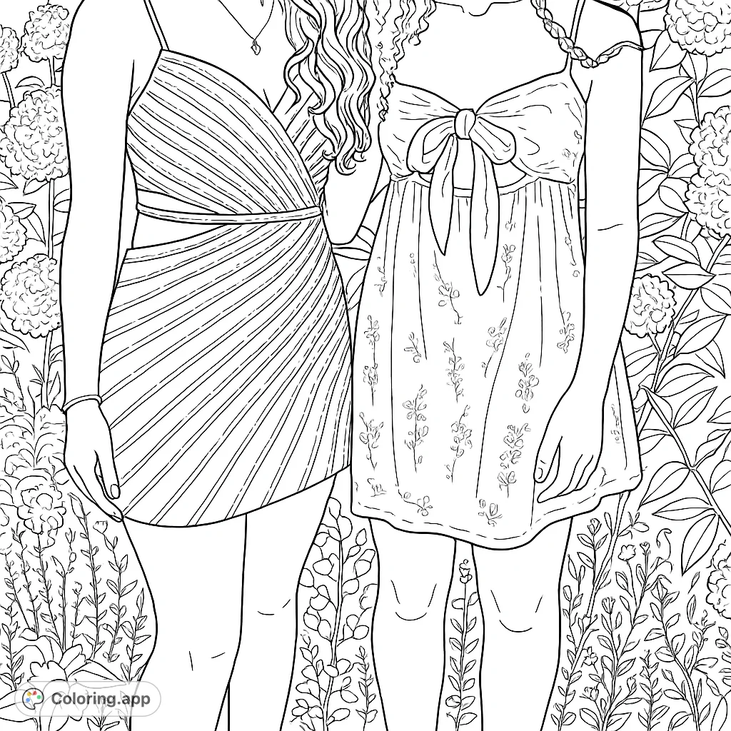 Two young women in stylish dresses pose in a garden, one in a unique patterned cutout dress, the other in a charming floral embroidered design.
