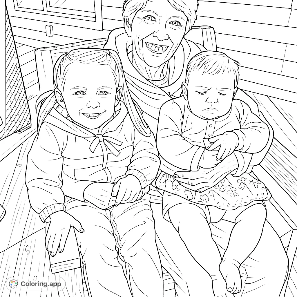 A heartwarming coloring page featuring a smiling grandparent with two happy grandchildren outdoors. Celebrate family bonds and create cherished memories.