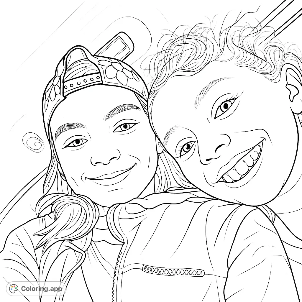 Capture the joy of two smiling friends on an adventure. This charming portrait coloring page is perfect for young colorists to personalize expressions and apparel.