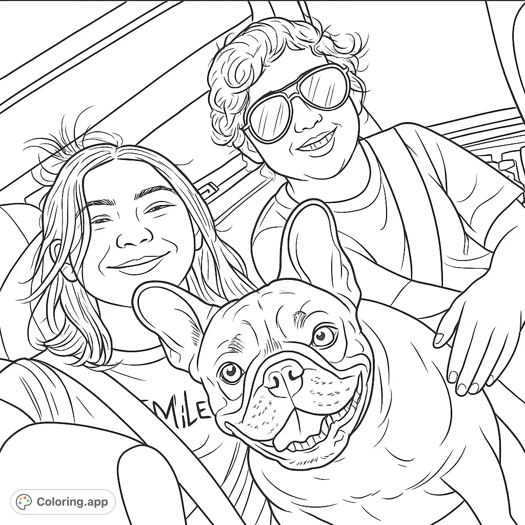A heartwarming scene featuring two smiling children and their joyful French Bulldog enjoying an open-air vehicle ride. Perfect for pet lovers and family fun.