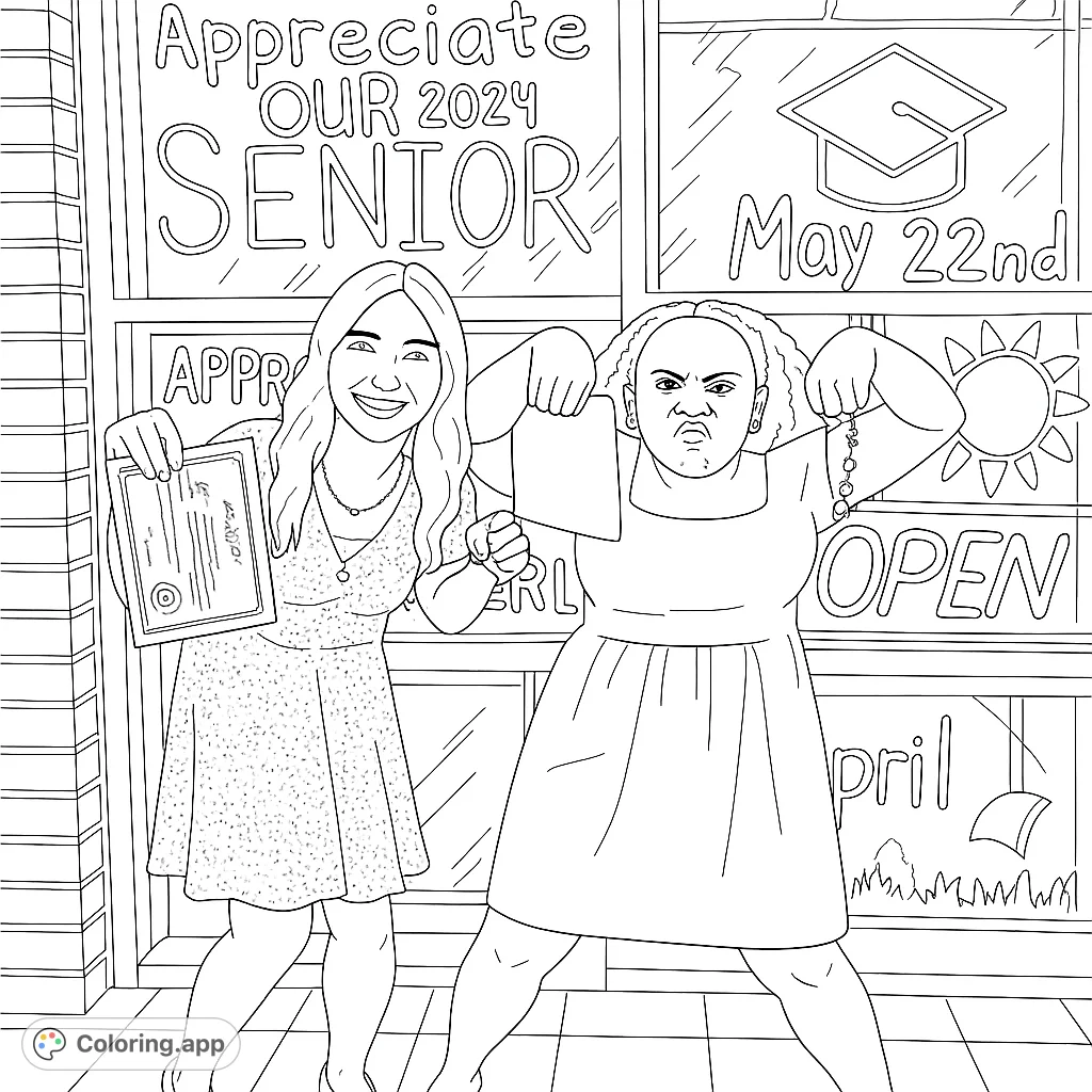 Two cheerful individuals celebrating a significant academic milestone in front of a decorated window. Perfect for personalizing with vibrant hues.
