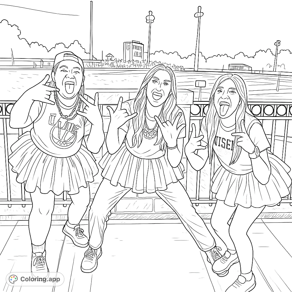Three cheerful fans at a stadium, striking playful poses with "rock on" hand gestures and festive attire. A fun, energetic scene perfect for coloring.