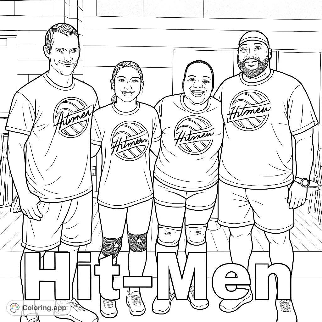 Capture the spirit of teamwork with this sports team coloring page featuring four smiling players in their uniforms within a gymnasium setting. A fun athletic scene!