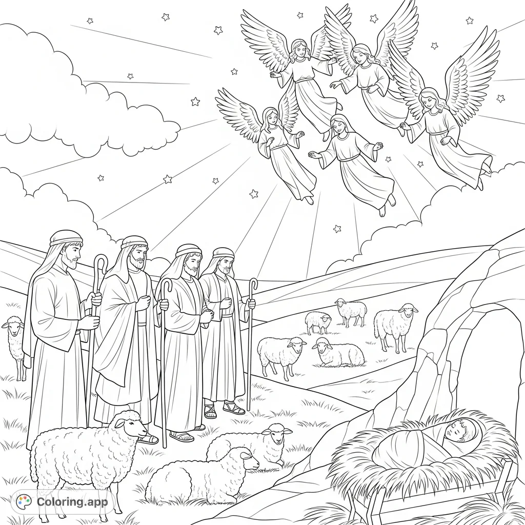 Color a timeless Nativity scene with shepherds, angels, and baby Jesus. Perfect for celebrating the season and reflecting on a classic story.