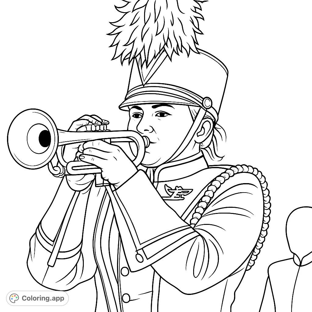 A dynamic marching band trumpeter in full uniform, captured mid-performance. This detailed page offers an engaging musical scene for all ages to color.