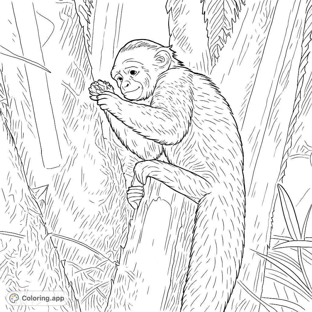 A detailed capuchin monkey coloring page featuring a primate clinging to a textured tree trunk, focused on a small object. Perfect for animal and nature enthusiasts.