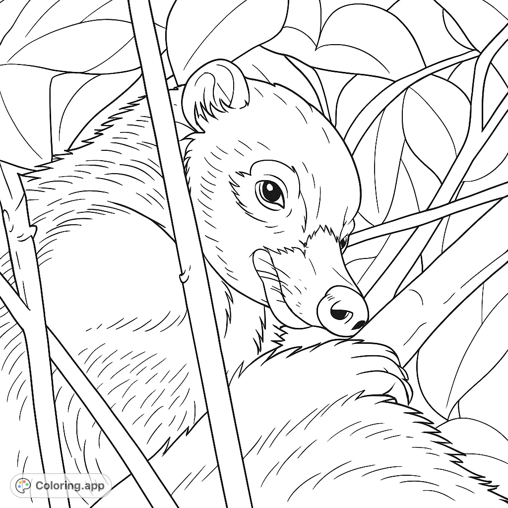 Discover a curious coati peeking from dense jungle foliage. This charming animal coloring page offers a delightful glimpse into tropical wildlife for all ages.
