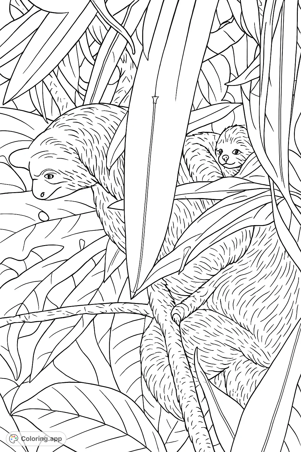Discover a serene sloth nestled within a dense tree canopy, peeking through broad leaves and branches. A delightful nature scene for a relaxing coloring experience.