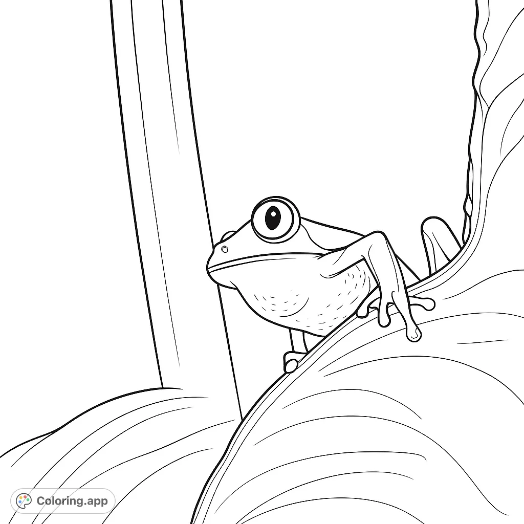 Discover the intricate details of a charming tree frog perched on a leaf. A captivating nature scene for all ages to color with creativity.
