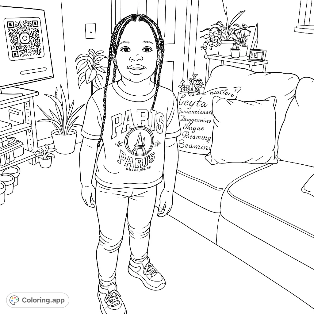 A charming coloring page featuring a young girl with braided hair, standing confidently in a detailed living room setting, perfect for creative expression.