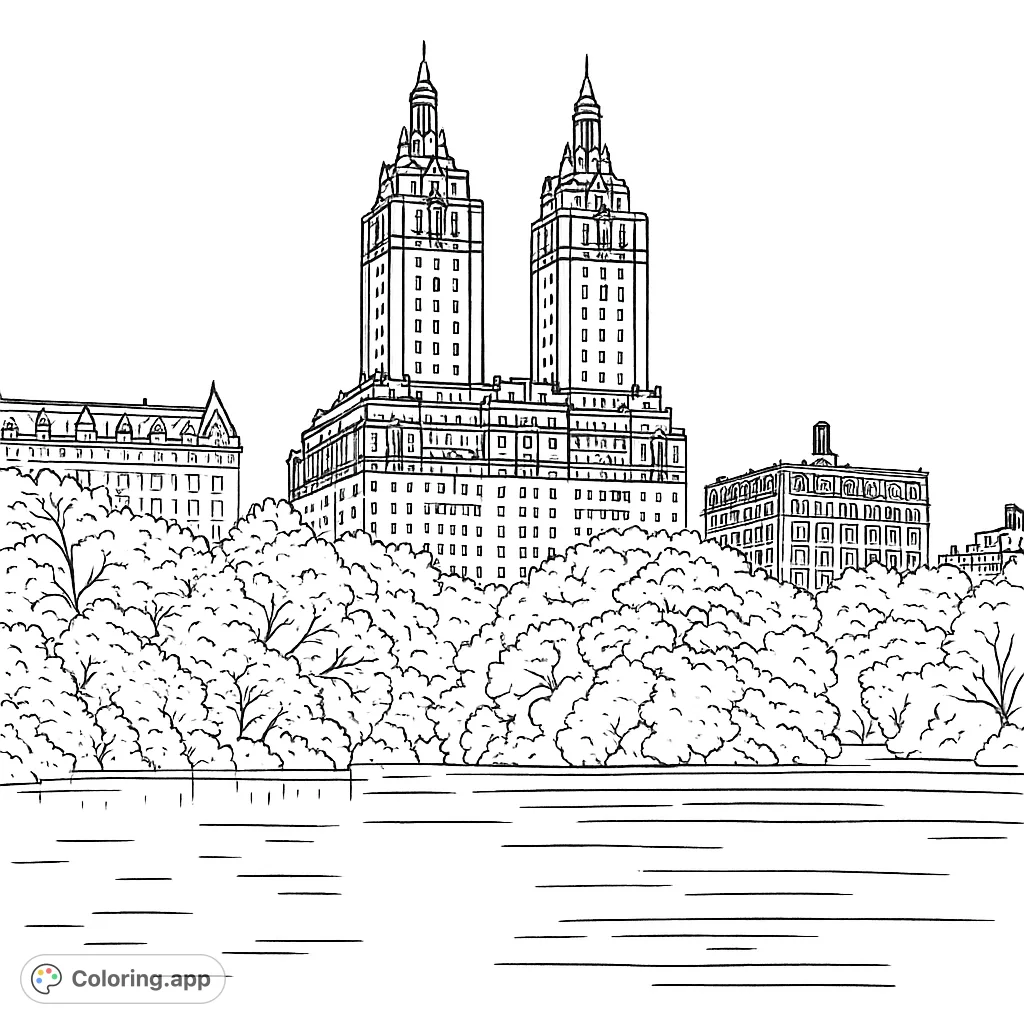 Explore a majestic urban landscape with iconic twin towers rising above a serene lake and lush foliage. A detailed cityscape scene perfect for architectural enthusiasts.