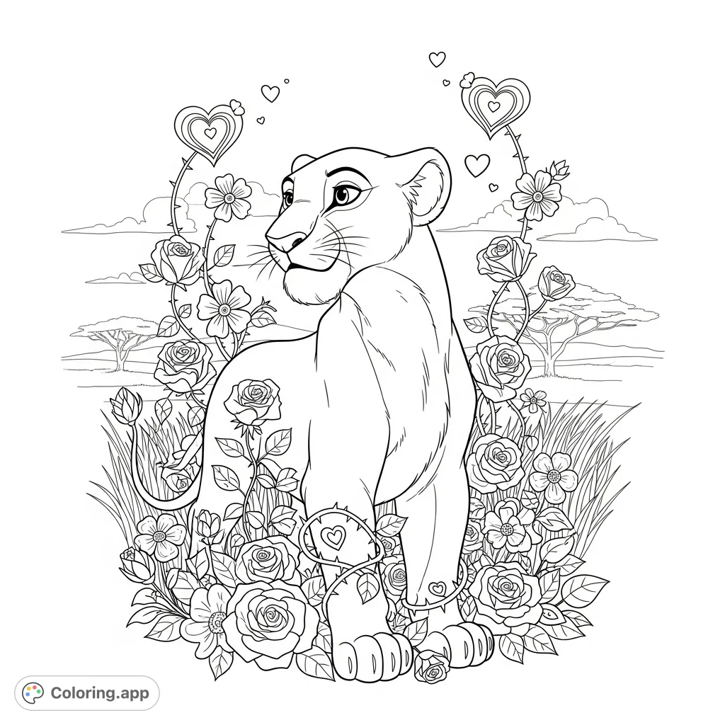 A majestic lioness, Nala, stands gracefully amidst blooming roses and a serene savannah landscape. A beautiful, detailed design for nature and animal lovers.