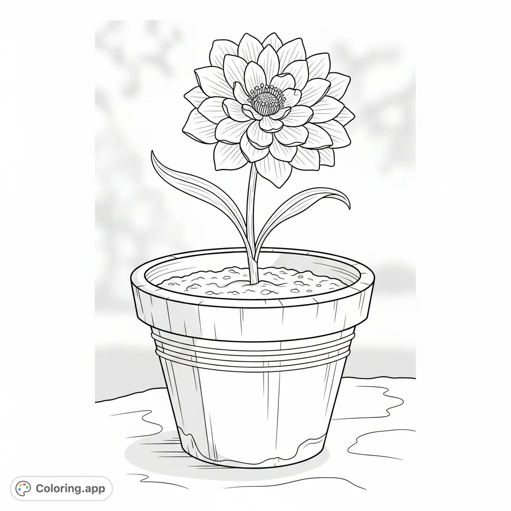 An elegant blossom unfurls from a rustic pot on a smooth stone surface, set against a softly blurred garden background. A serene nature coloring page awaits.