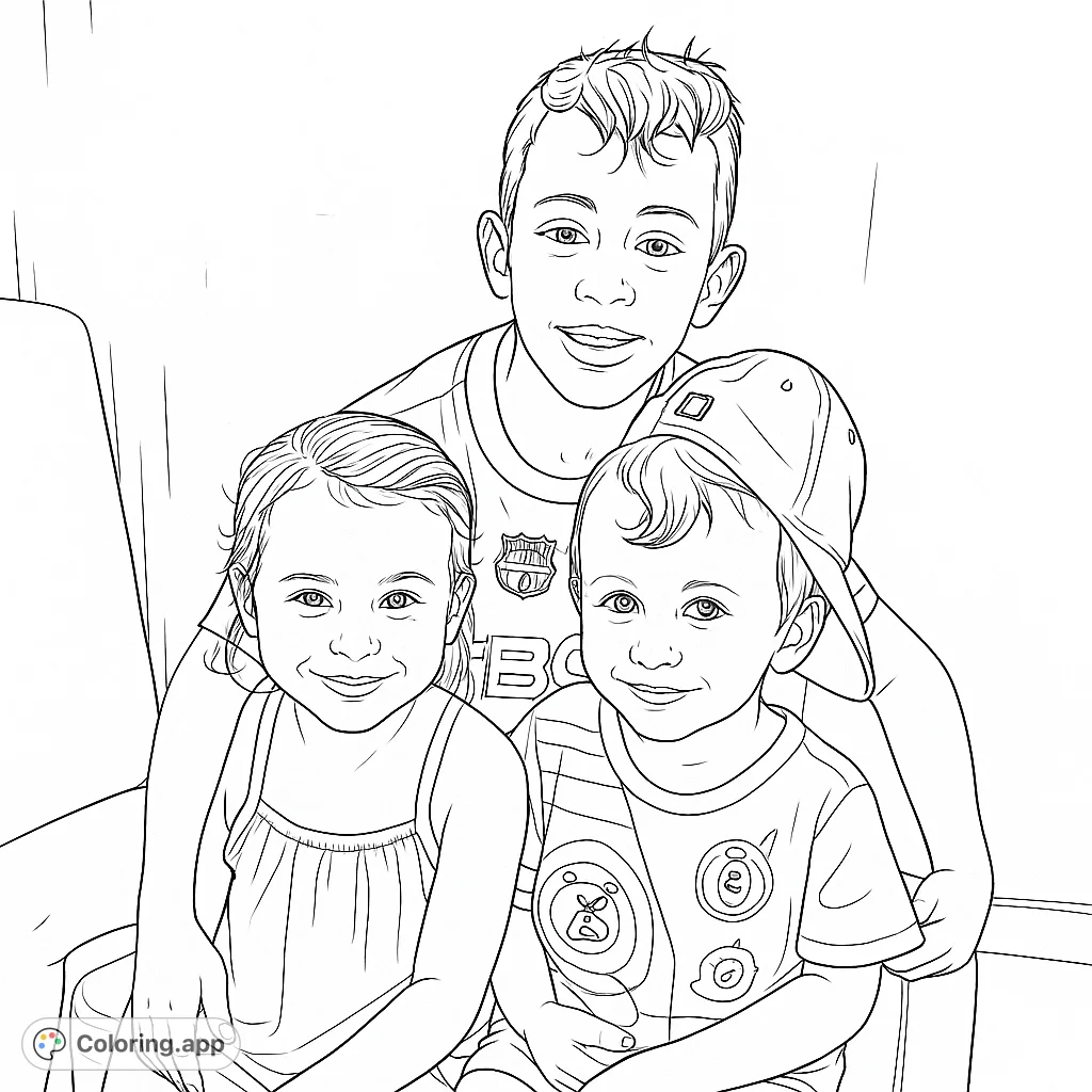 Capture the joy of childhood with this free printable children portrait coloring page. Three smiling siblings await your creative touch!