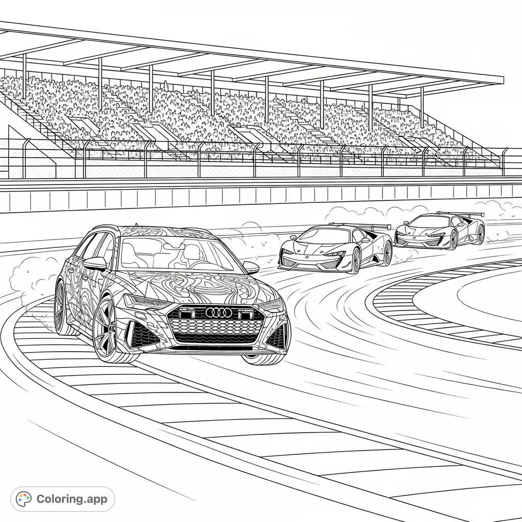 Experience the thrill of a racing track with an Audi A6 RS caravan and other sport cars speeding through a sharp turn, complete with intricate graphics.