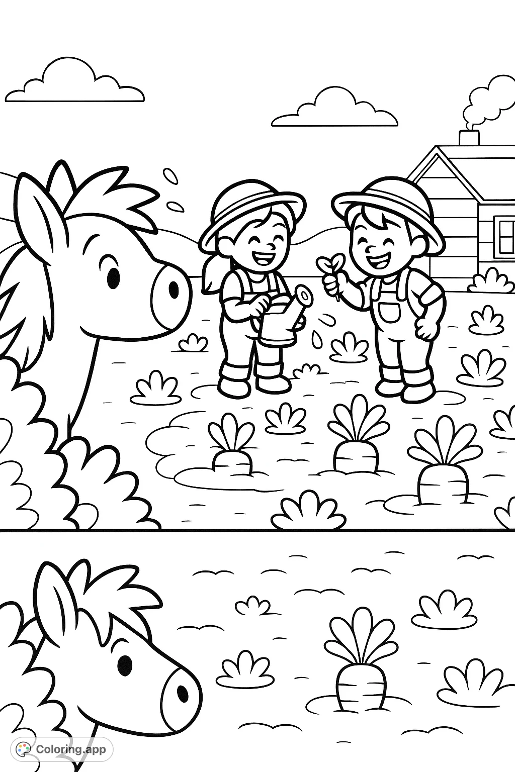A heartwarming garden scene featuring two smiling children tending to plants, observed by a friendly horse, with a cozy house in the background. Perfect for nature lovers.