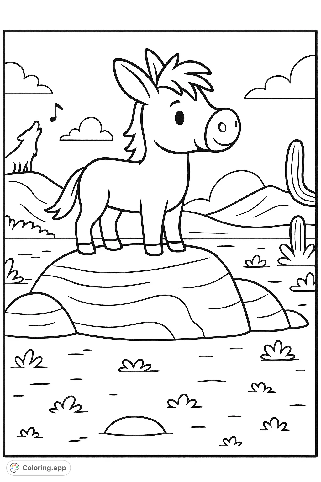 A delightful burro stands on a rock in a sunny desert scene, with a howling coyote and a tall cactus. A charming adventure for all ages to color!