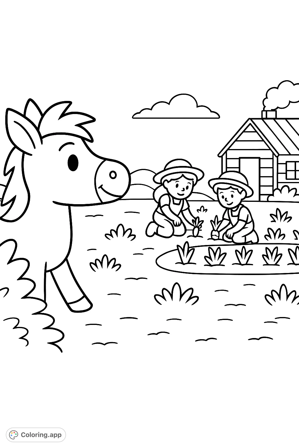 Discover a charming farm scene with a friendly horse watching two children cultivate their garden, complete with a cozy house and rolling hills.