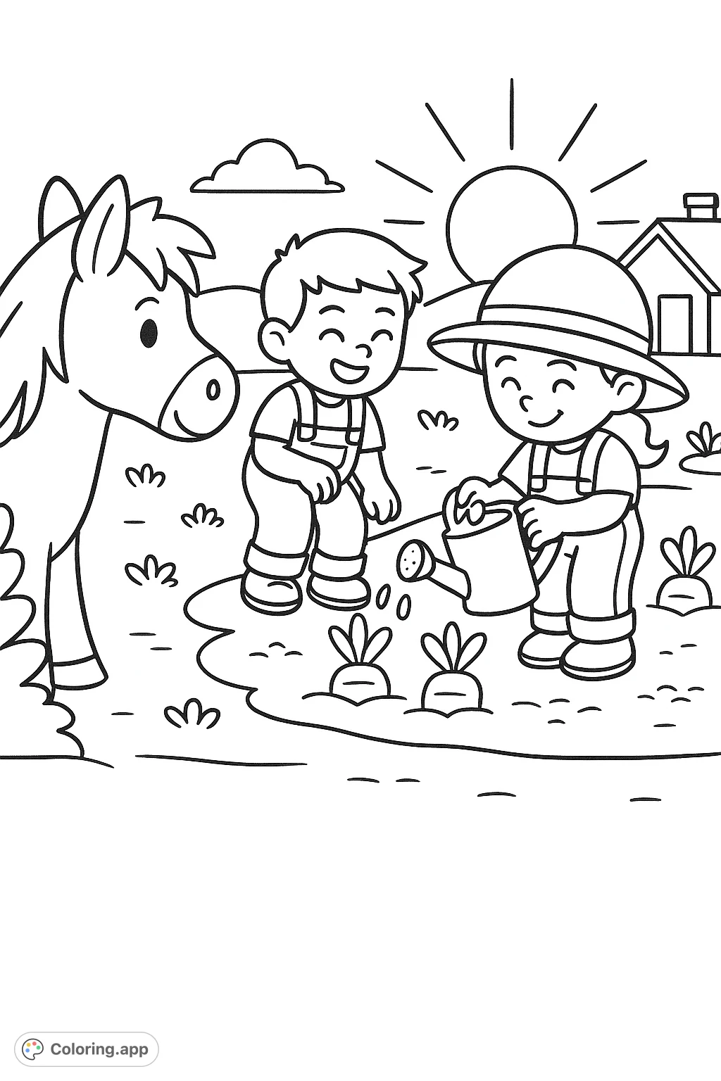 A heartwarming farm scene featuring two children happily gardening with a friendly horse nearby. Cultivate creativity and enjoy farm life.