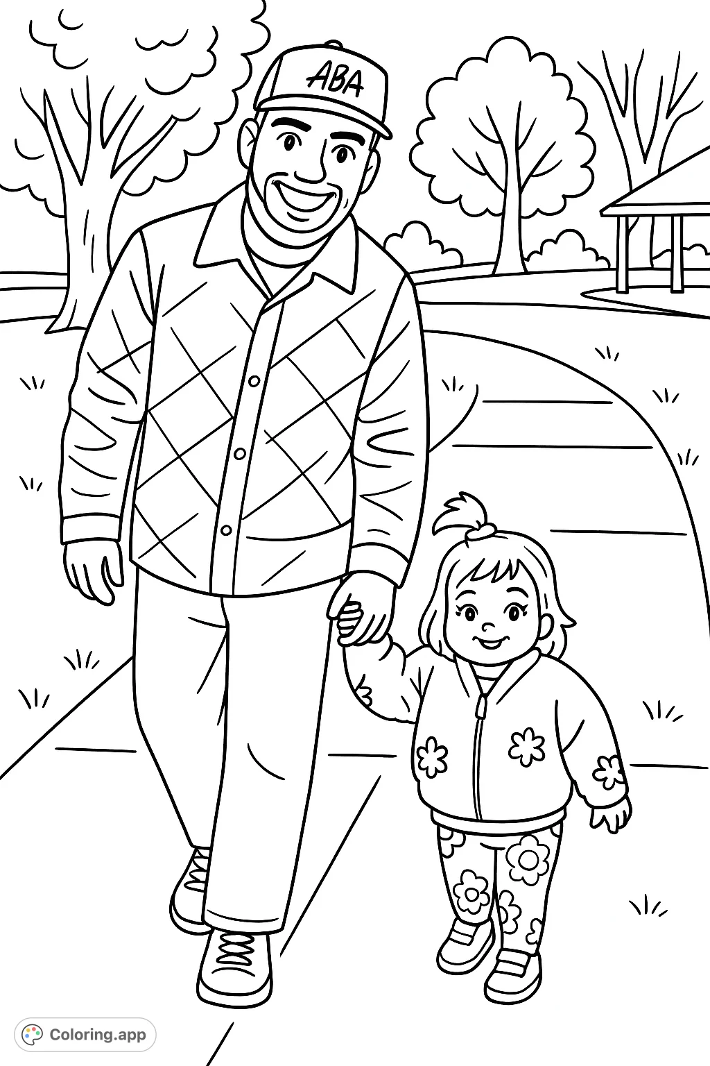 A heartwarming cartoony coloring page featuring a smiling parent holding hands with a toddler on a park path, surrounded by trees.