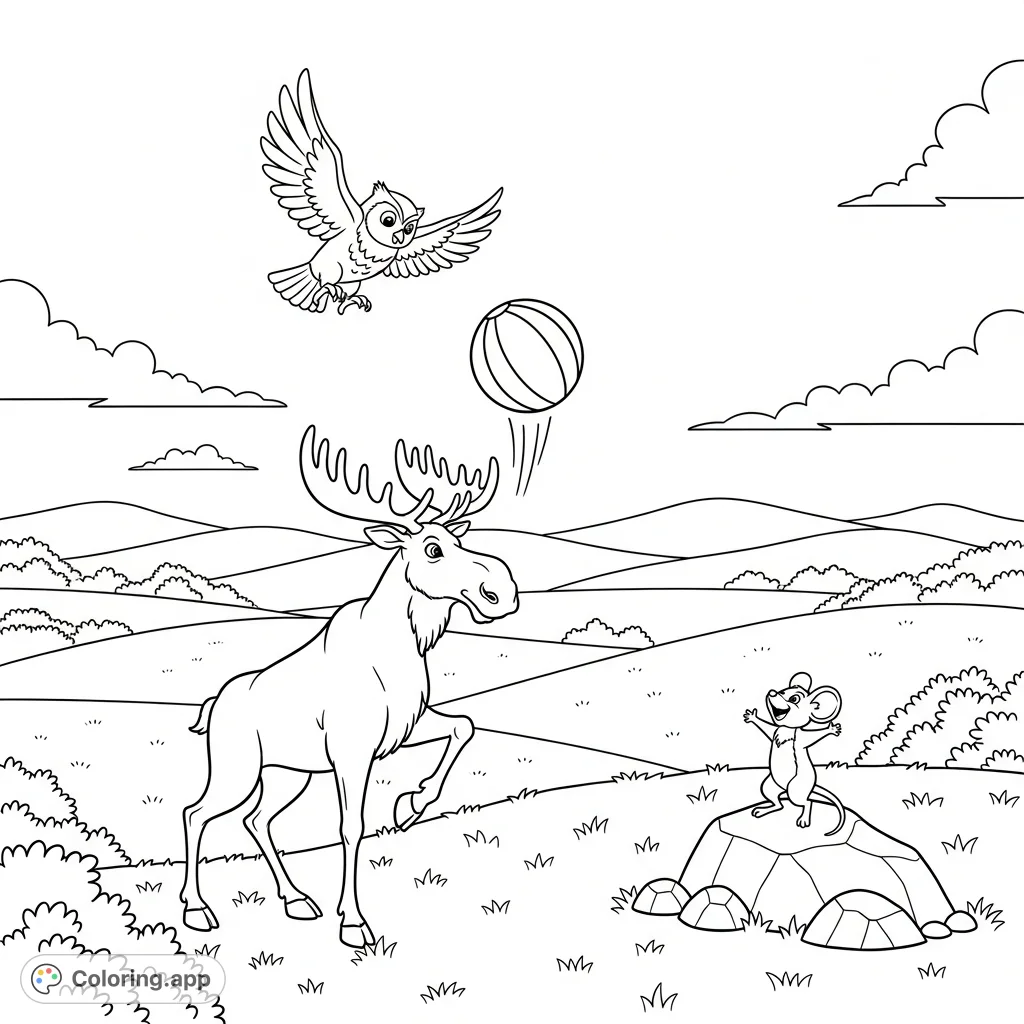 A playful moose, agile owl, and cheering mouse engage in a lively field game, perfect for a fun, free printable animal coloring page for kids and adults.
