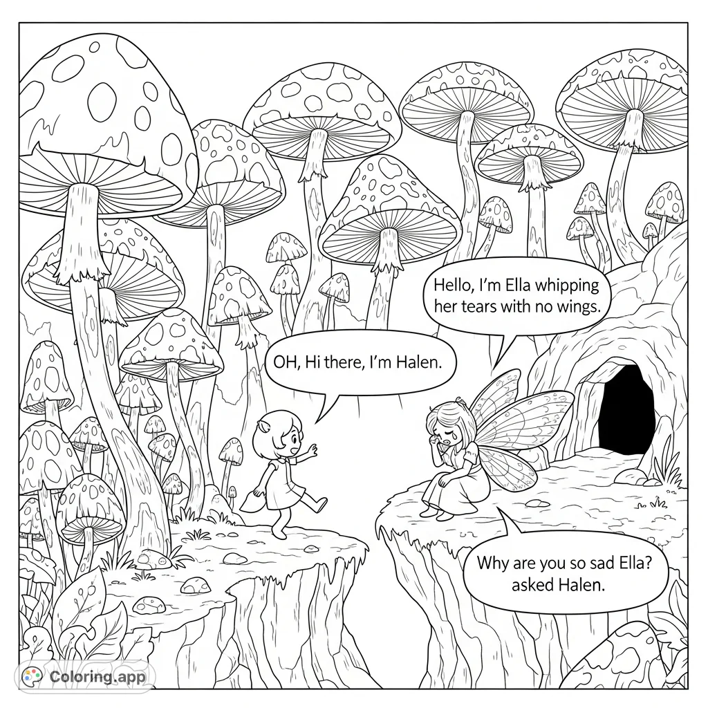 Discover Halen and Ella's first encounter in a whimsical mushroom forest. A delightful free printable coloring page perfect for creative adventures!