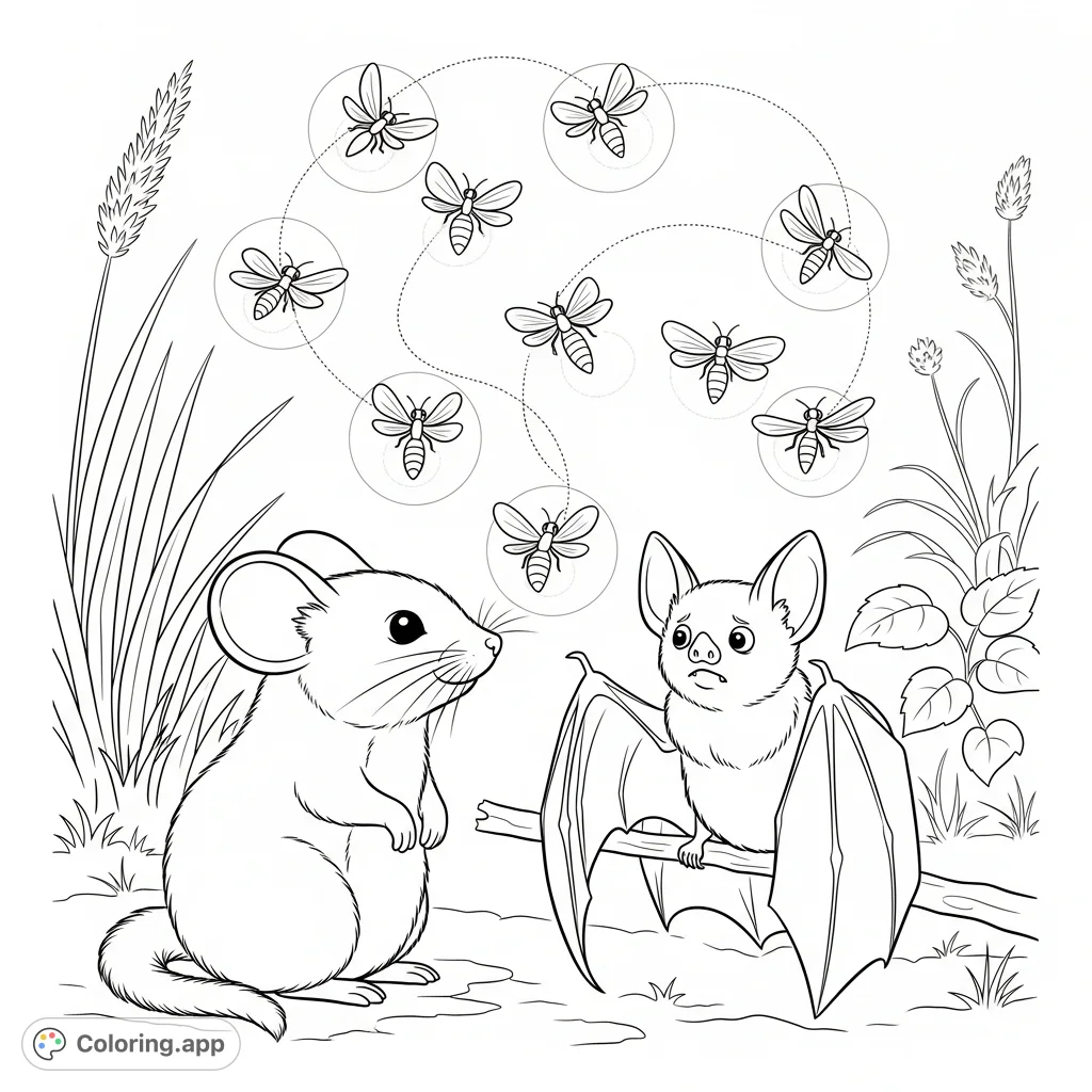 Discover a charming mouse and its bat friend, surrounded by dancing fireflies. A whimsical free printable coloring page perfect for all ages.