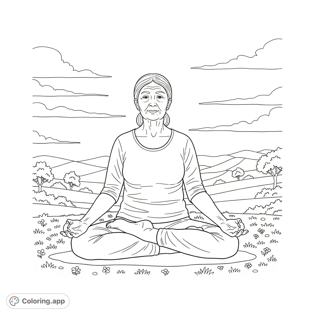 Find tranquility with this detailed yoga coloring page featuring a serene elderly lady practicing outdoors amidst nature's peaceful embrace. Perfect for relaxation.