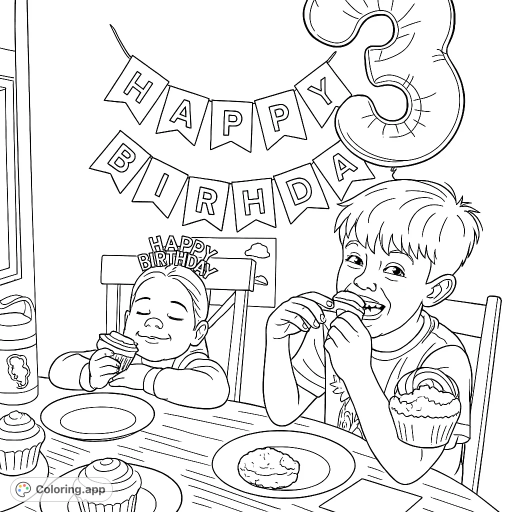 Join a joyful birthday cupcake celebration coloring page with two happy children and festive decorations. Perfect for bringing life to a fun party scene!