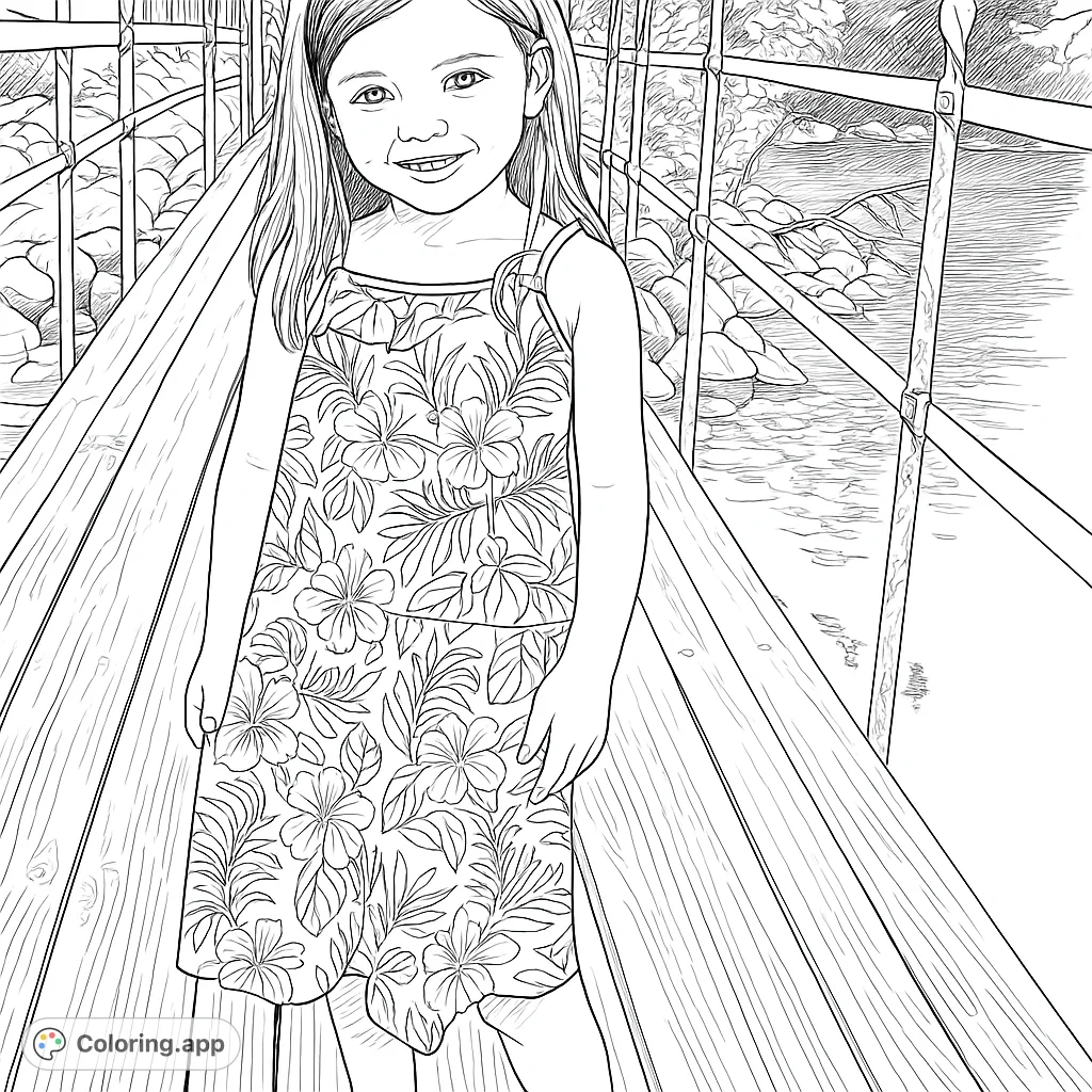 A charming girl in a delightful tropical-patterned dress stands smiling on a rustic wooden bridge over tranquil waters. A joyful scene for creative coloring!