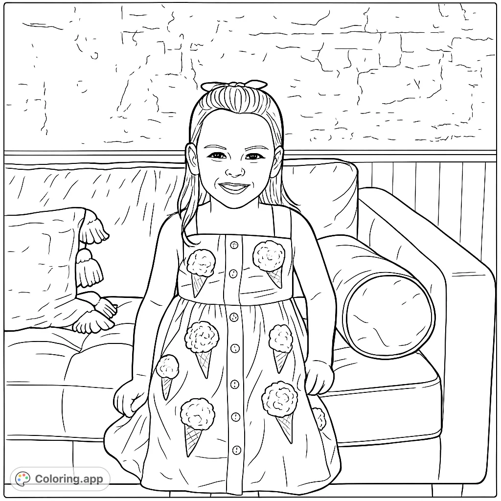 A delightful girl in an ice cream dress sits on a sofa, ready for coloring. Features playful details and a welcoming smile.