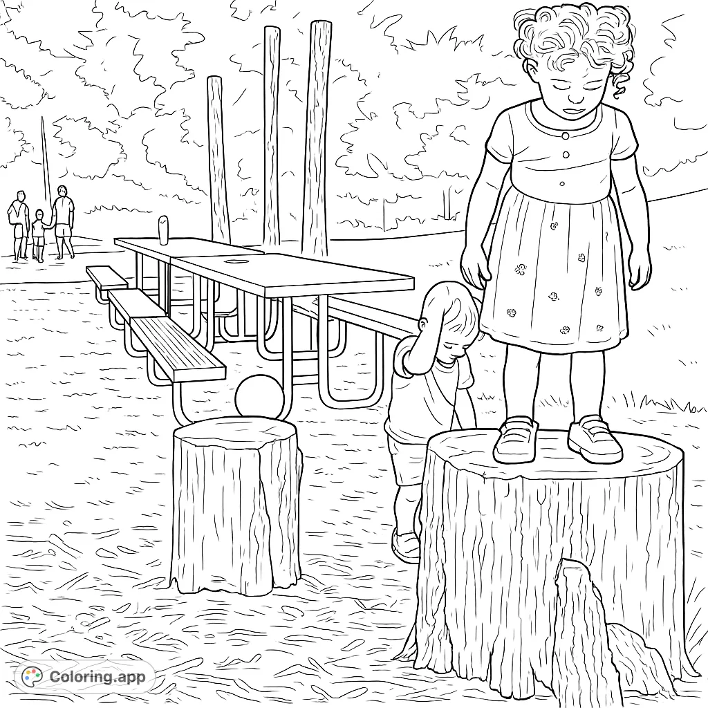 Join two children exploring tree stumps and picnic tables in a lively outdoor scene. A fun, free printable kids outdoor play coloring page.