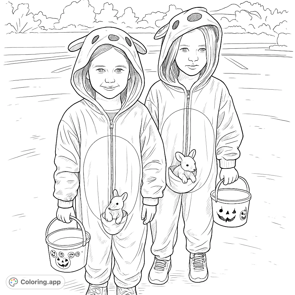 Two children in cute kangaroo costumes, each with a plush joey in their pouch and holding a pumpkin pail, ready for a fun activity.
