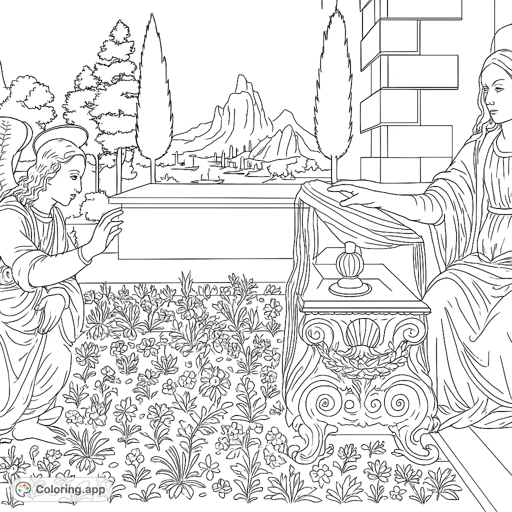 A classic Annunciation scene featuring two draped figures, an ornate stand, and a detailed landscape with a city, mountains, and a blooming garden. Perfect for art enthusiasts.