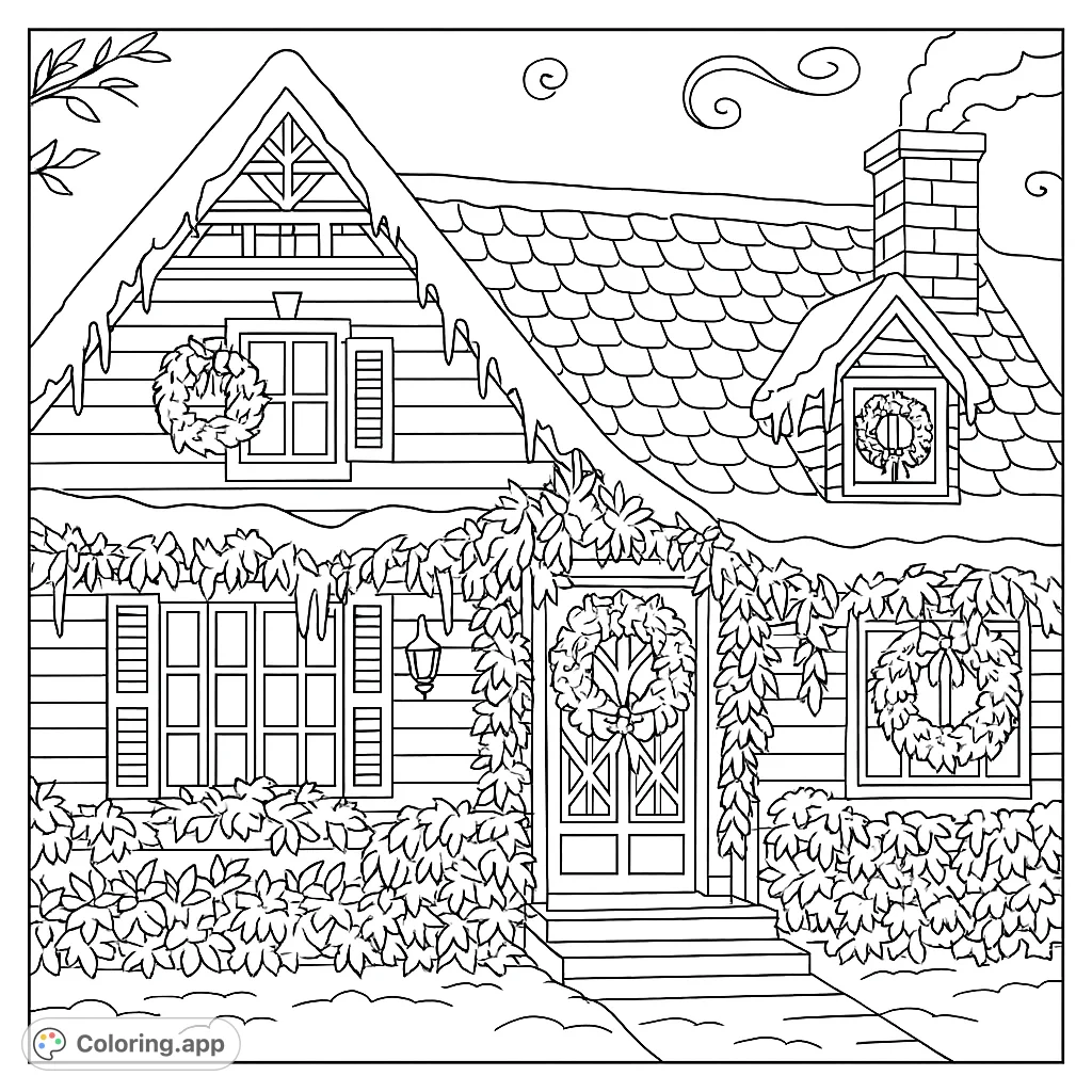 A beautifully detailed cozy home covered in snow and festive decorations. Perfect for winter and holiday coloring enthusiasts of all ages.