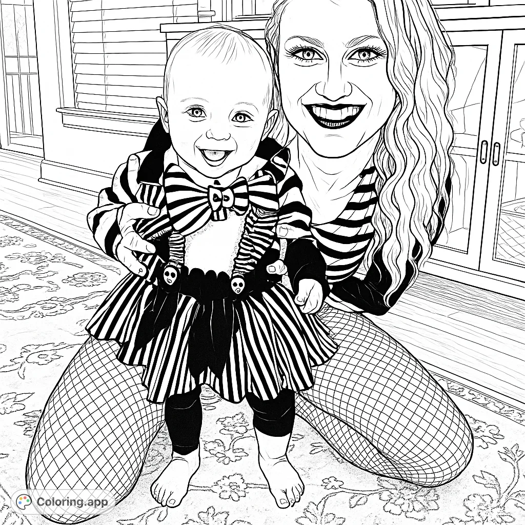 A delightful Halloween coloring page featuring an adult and a smiling baby in matching striped costumes. Perfect for spooky season fun!