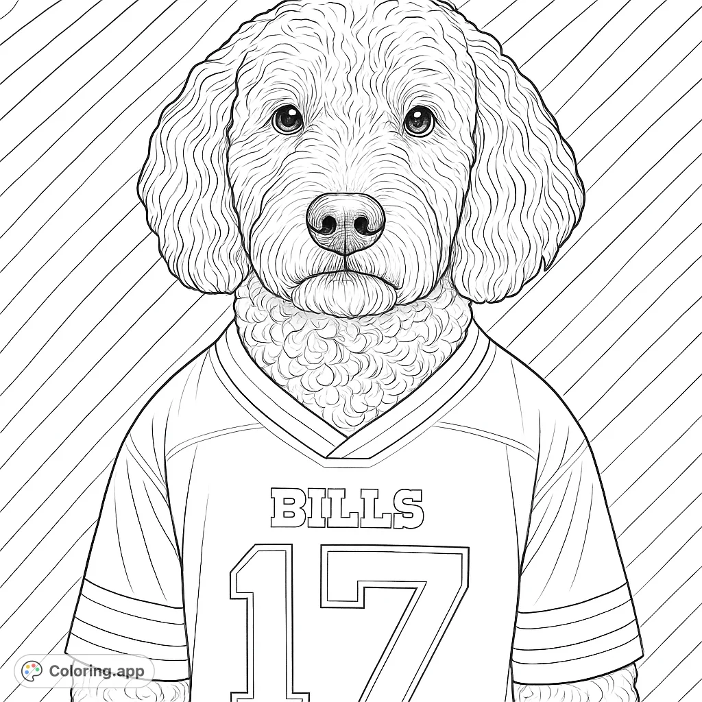 A detailed coloring page featuring a charming, fluffy dog wearing a sports jersey with a team name and number, set against a striped background. Perfect for animal lovers and sports enthusiasts.