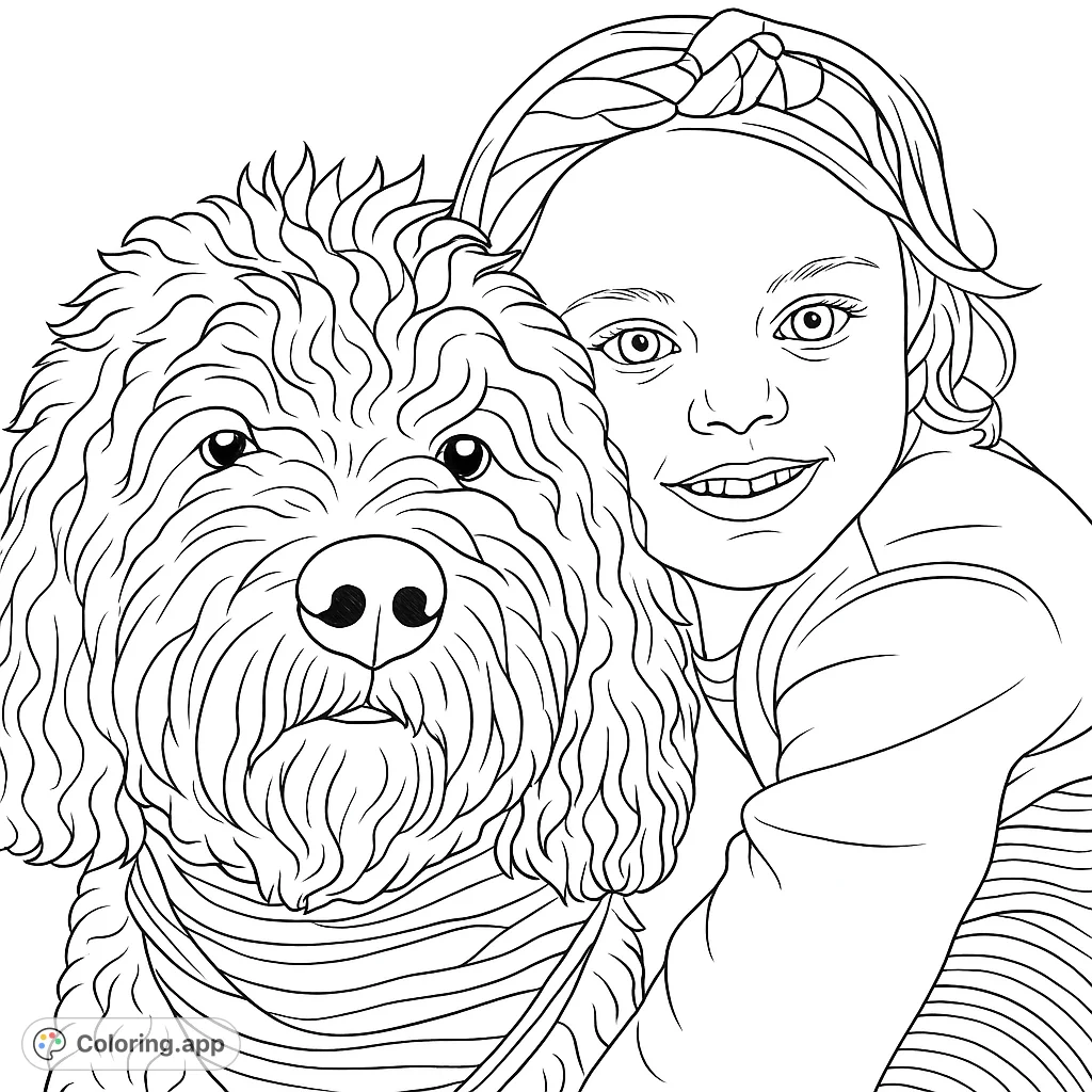 Capture a heartwarming moment: a child with a gentle smile alongside their shaggy-haired companion, perfect for coloring and bringing to life.