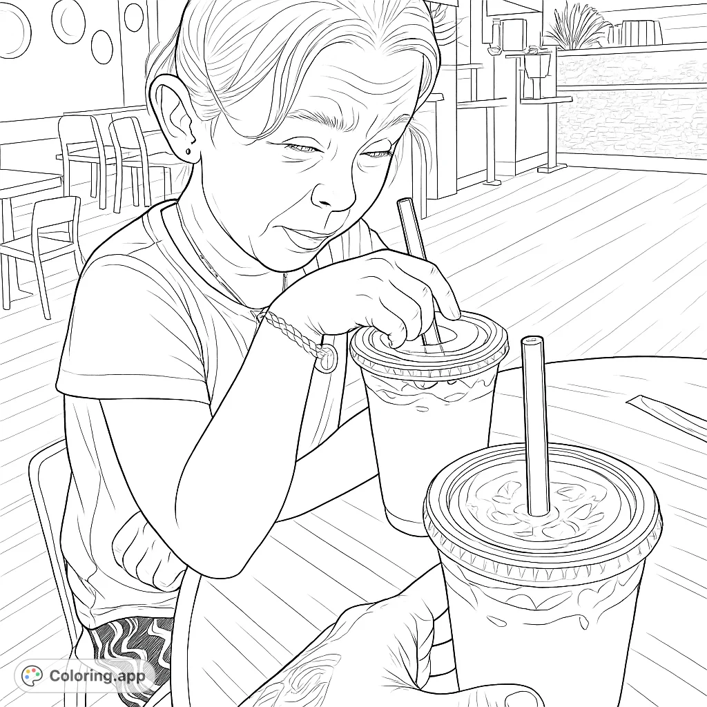 A young girl with a whimsical expression enjoys a refreshing drink at a cafe, next to another beverage. This realistic cafe scene offers a fun coloring experience!