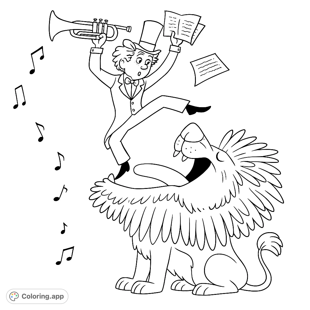 A whimsical scene where a conductor balances precariously on a roaring lion's mouth, surrounded by music notes. A fun and adventurous coloring challenge.