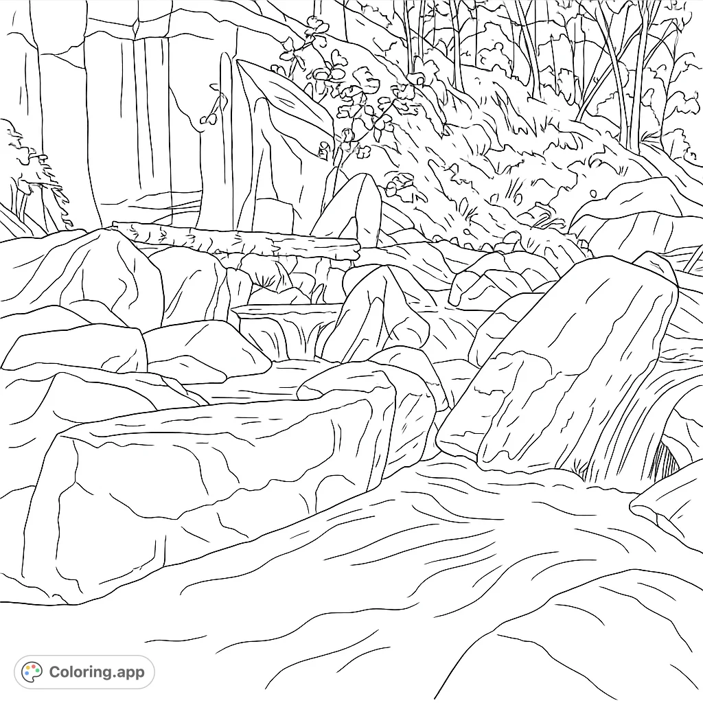 Explore a majestic canyon stream scene with flowing water, massive rocks, and a fallen tree, offering a detailed natural landscape for creative expression.