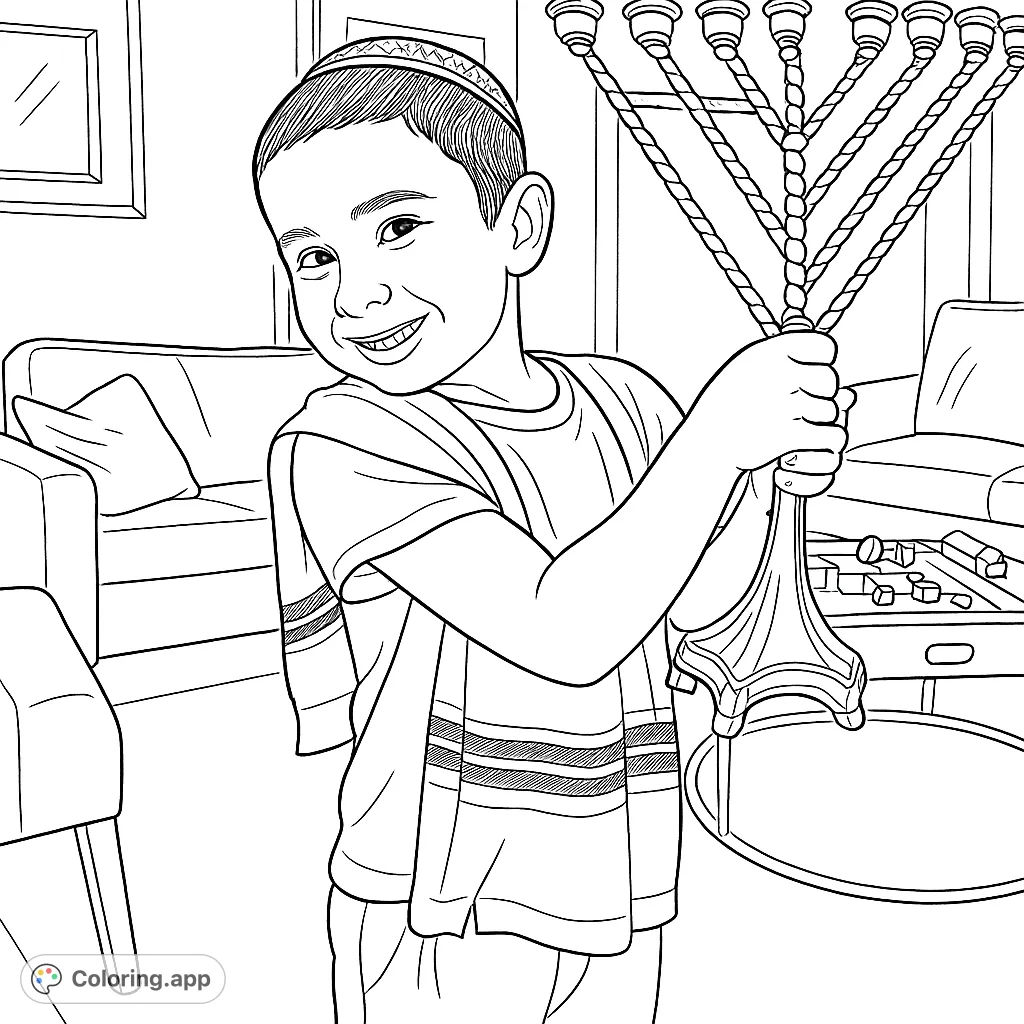 A cheerful boy displays a grand menorah, celebrating a special tradition. This engaging coloring page captures a moment of joy amidst a cozy home setting.